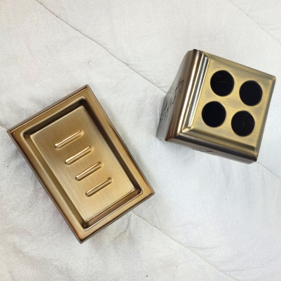 Thomas O'Brien Metal Bronze Soap Dish Toothbrush Holder Set Leaf Detail Bath - Picture 3 of 12